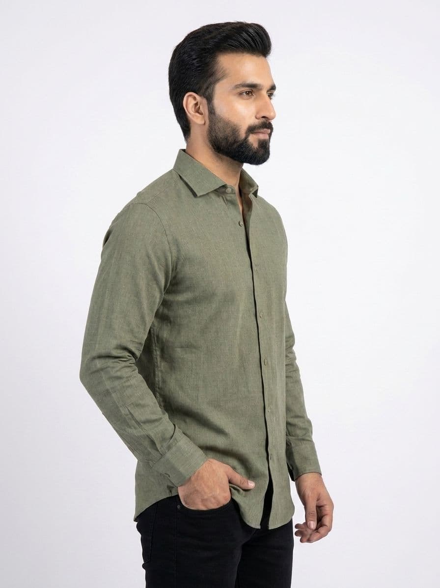 Men's Olive Green Semi Formal Shirt – Premium Long Sleeve Dress Shirt thumbnail 4