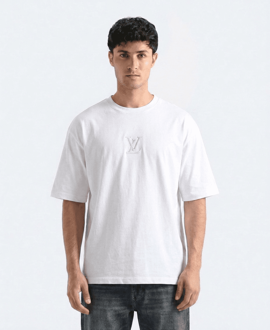 Men's White Drop Shoulder Oversized T-Shirt with Front & Back Embroidery