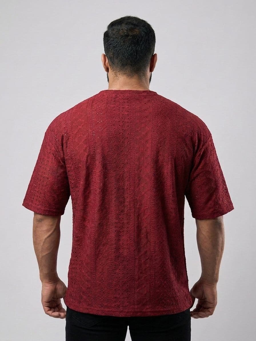 Men's LV Monogram Oversized Drop Shoulder T-Shirt – Deep Red Chicken Fabric thumbnail 3