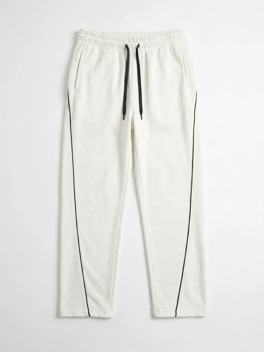 Men's Off-White Loose Fit Baggy Trousers with Curved Side Piping thumbnail 3