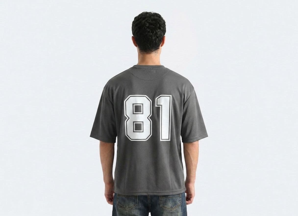 Men's Charcoal Grey Drop Shoulder T-Shirt – Oversized Breathable Mesh Tee with Chest Print thumbnail 3