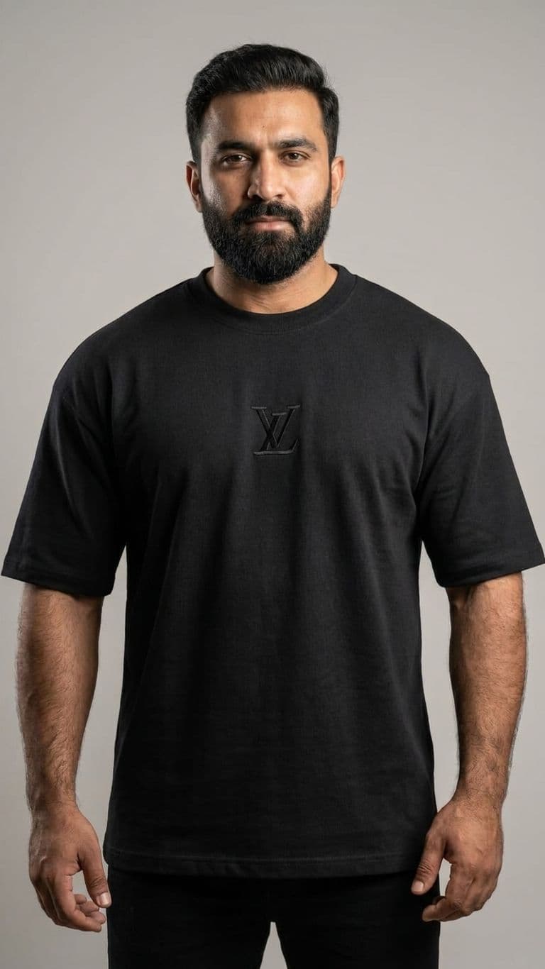 Men's Black Drop Shoulder T-Shirt – 180 GSM Cotton Jersey with Front & Back Embroidery
