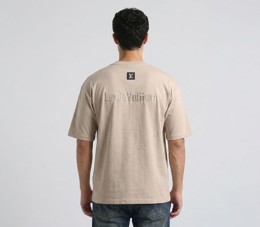 Men's Beige Drop Shoulder Oversized T-Shirt with Front & Back Embroidery thumbnail 3