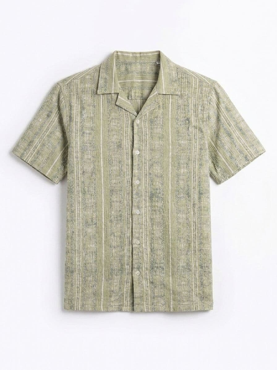 Men's Sage Green Striped 2-Piece Shirt & Shorts Co-Ord Set – Resort Wear Outfit thumbnail 3
