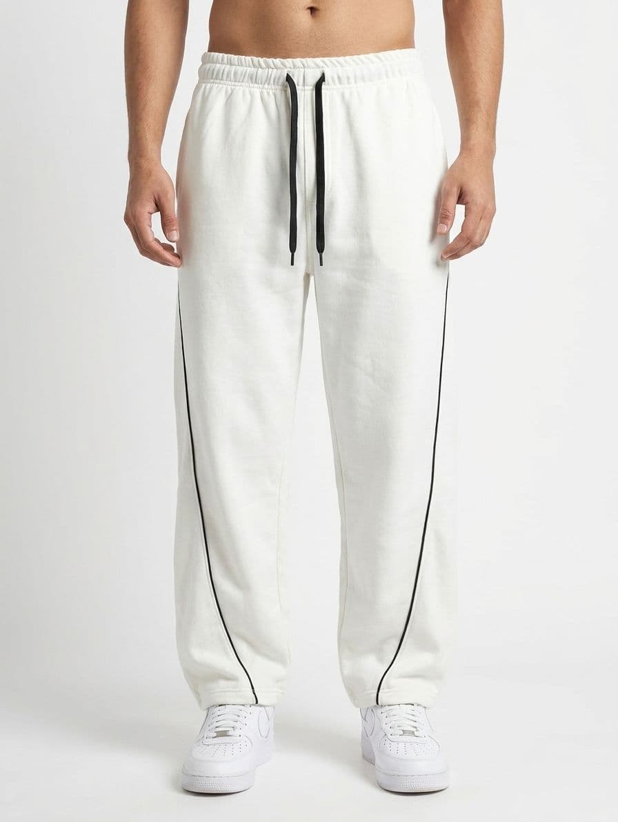 Men's Off-White Loose Fit Baggy Trousers with Curved Side Piping