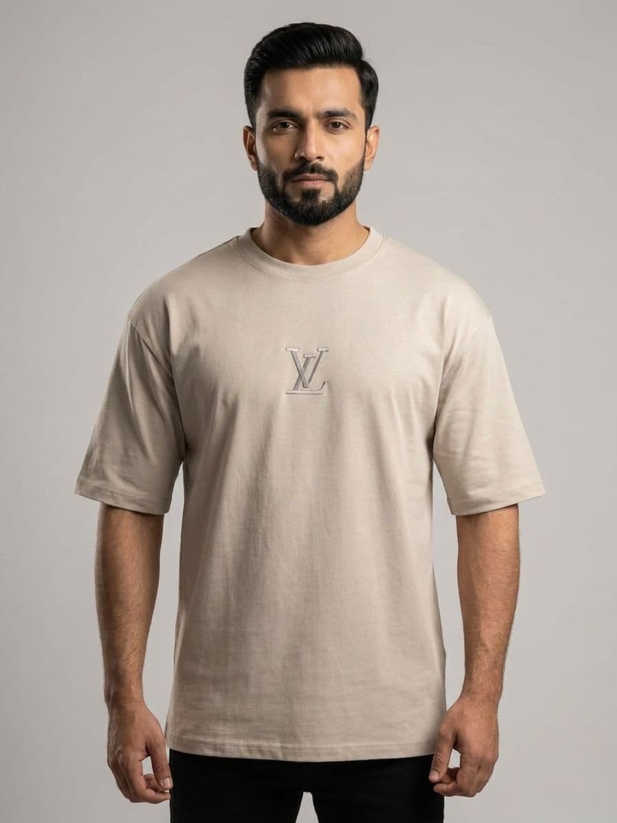 Men's Beige Drop Shoulder Oversized T-Shirt with Front & Back Embroidery