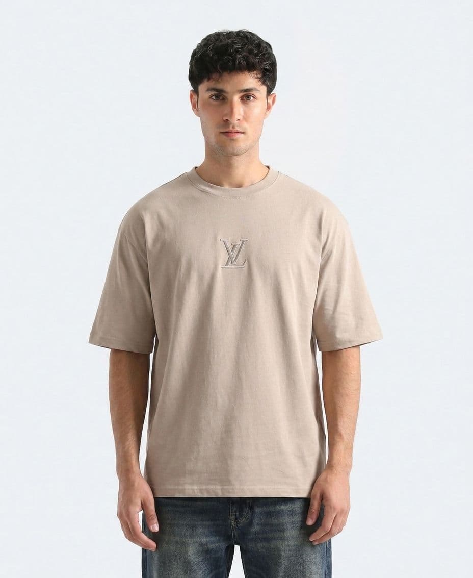 Men's Beige Drop Shoulder Oversized T-Shirt with Front & Back Embroidery