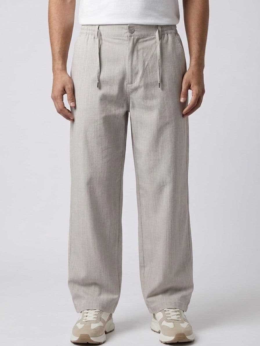 Men's Light Beige Loose Fit Irish Cotton Trousers – Baggy Drawstring Pants