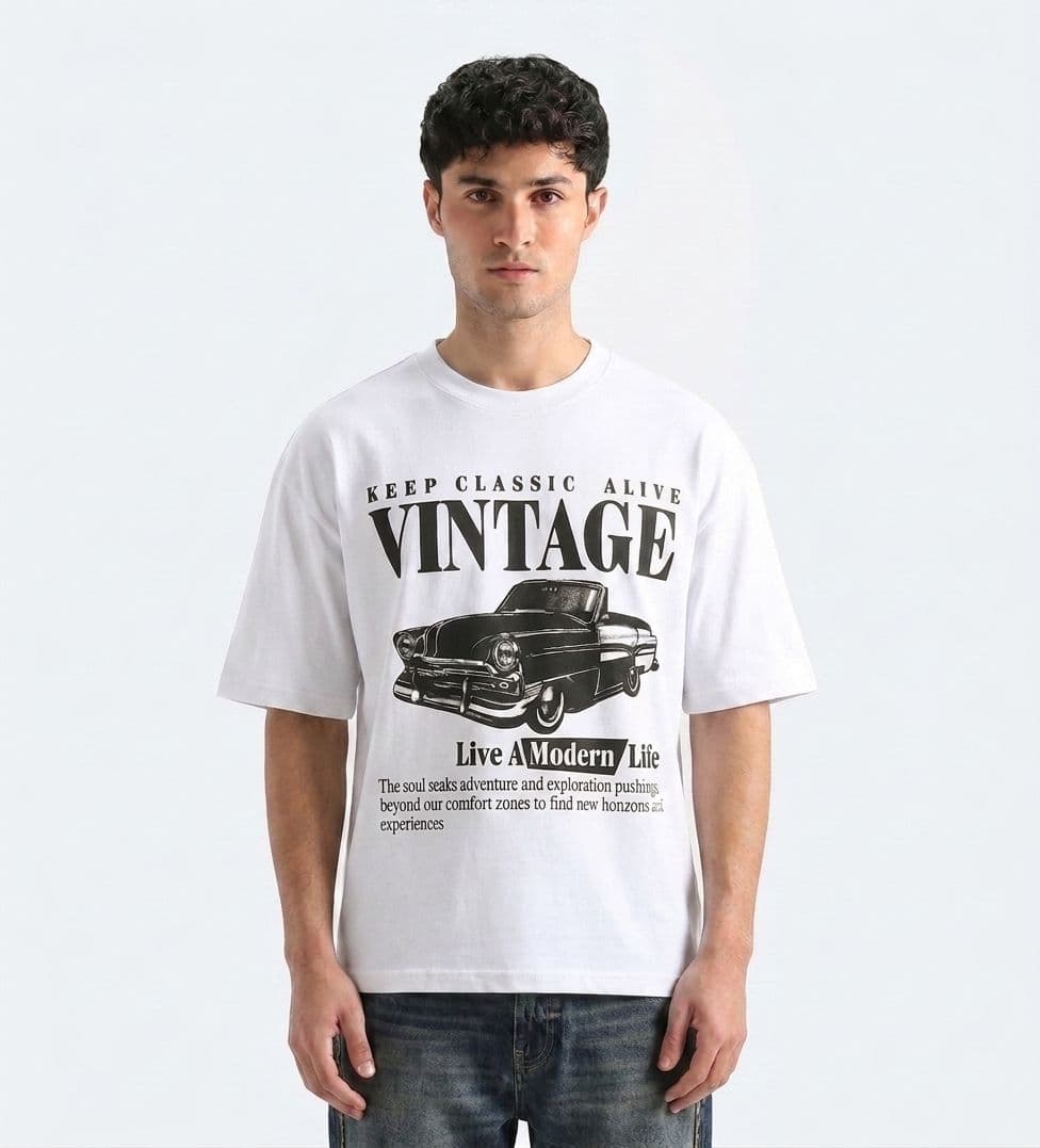 Men's Off-White Drop Shoulder Vintage Car Graphic T-Shirt – Oversized Tee