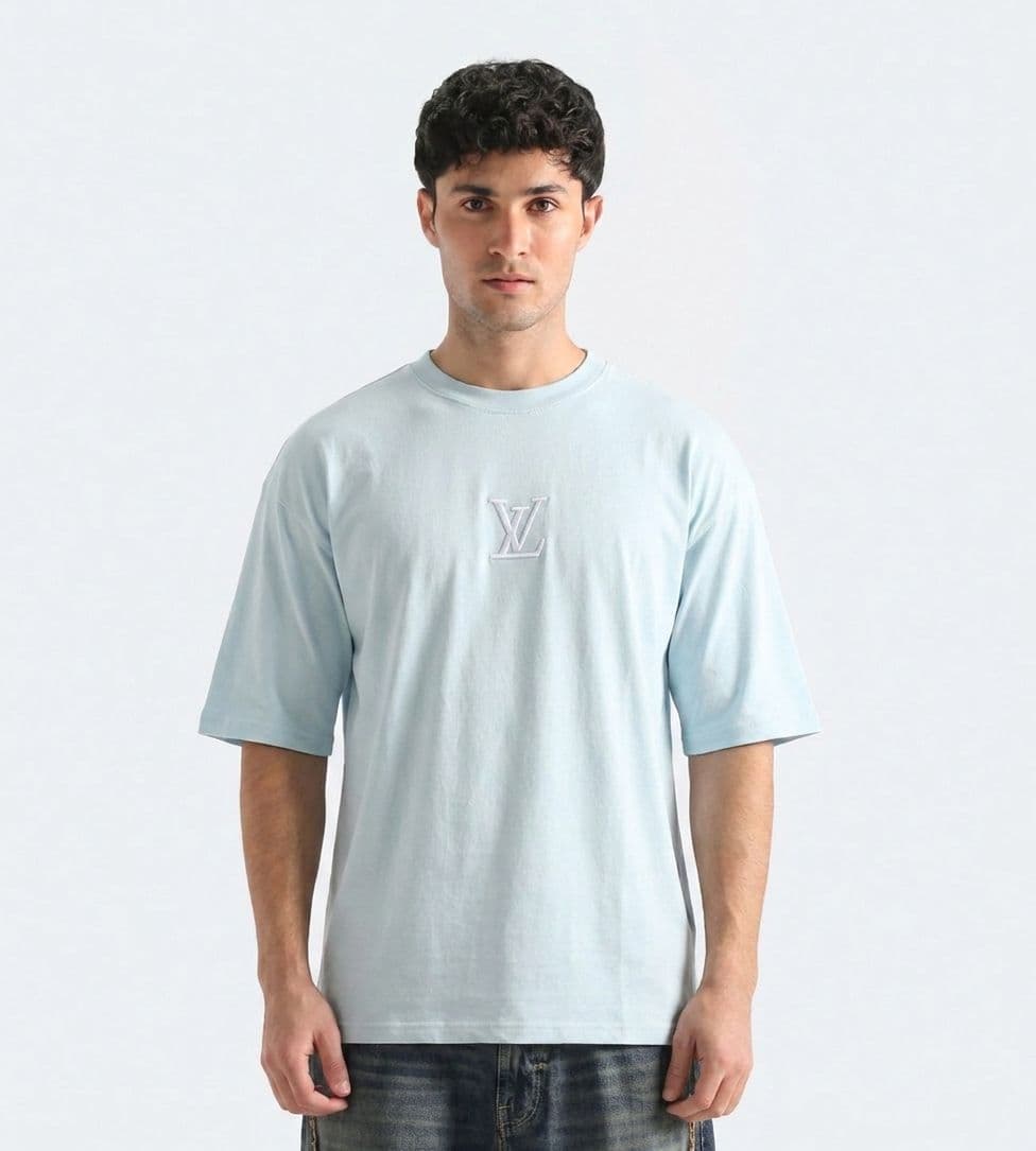 Men's Ice Blue Drop Shoulder Oversized T-Shirt with Front & Back Embroidery