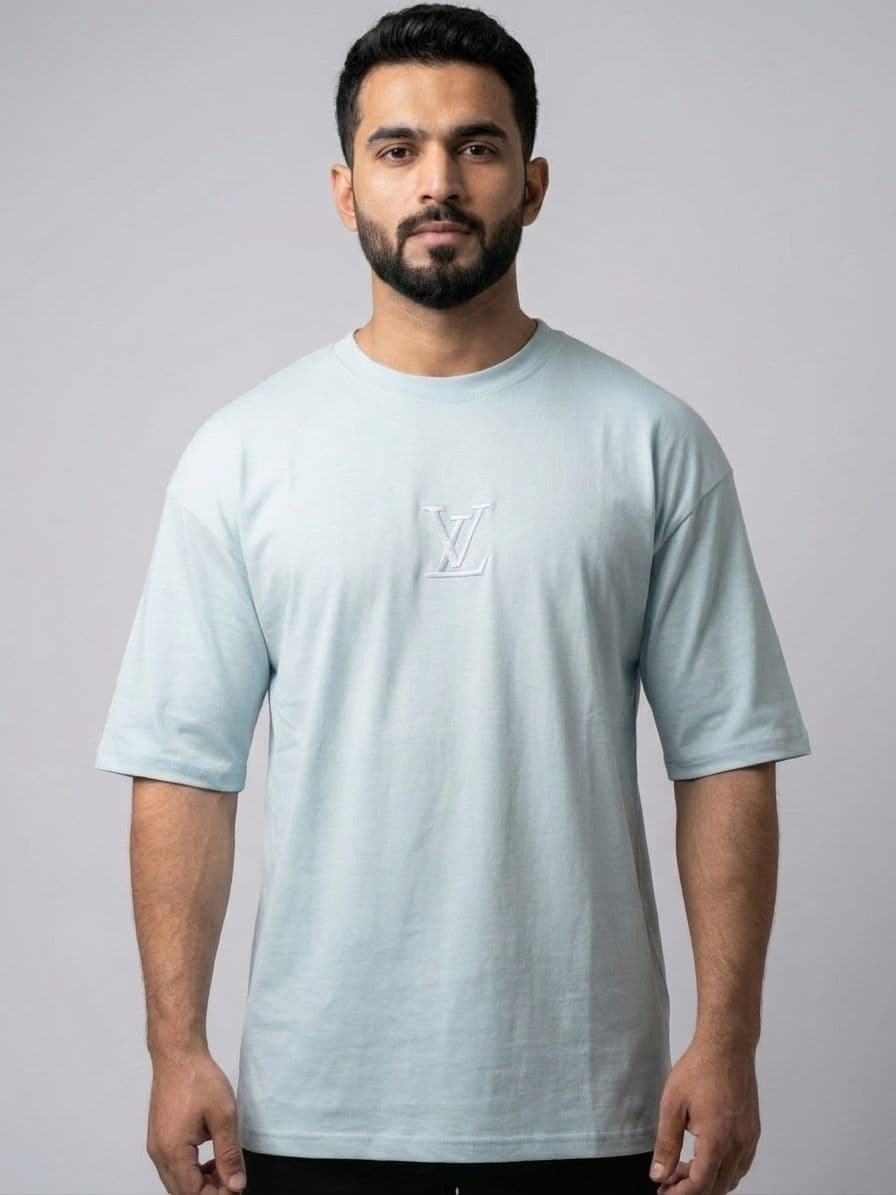 Men's Ice Blue Drop Shoulder Oversized T-Shirt with Front & Back Embroidery