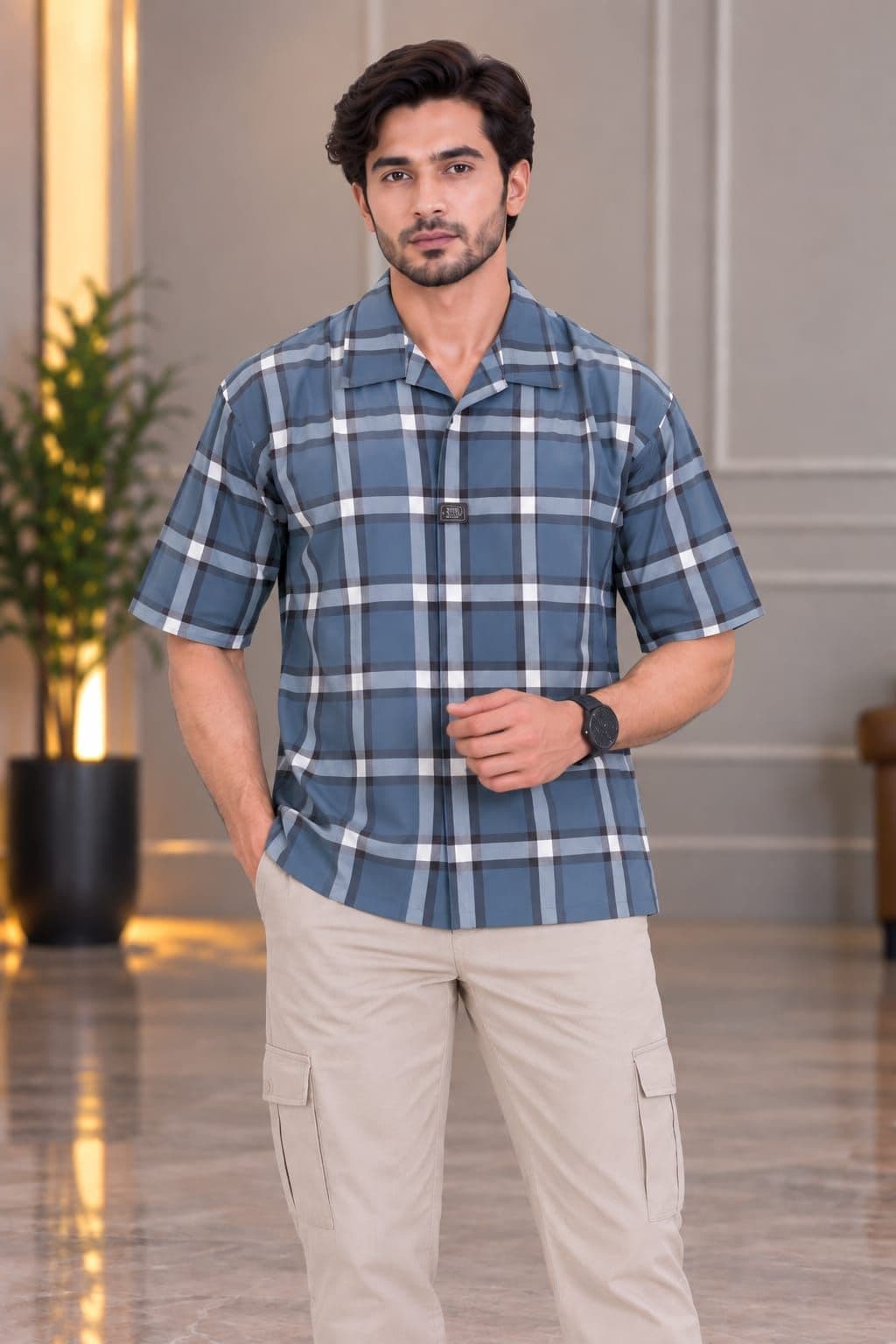 Soft Cotton Boxy Safari Check Shirt-Slate Blue