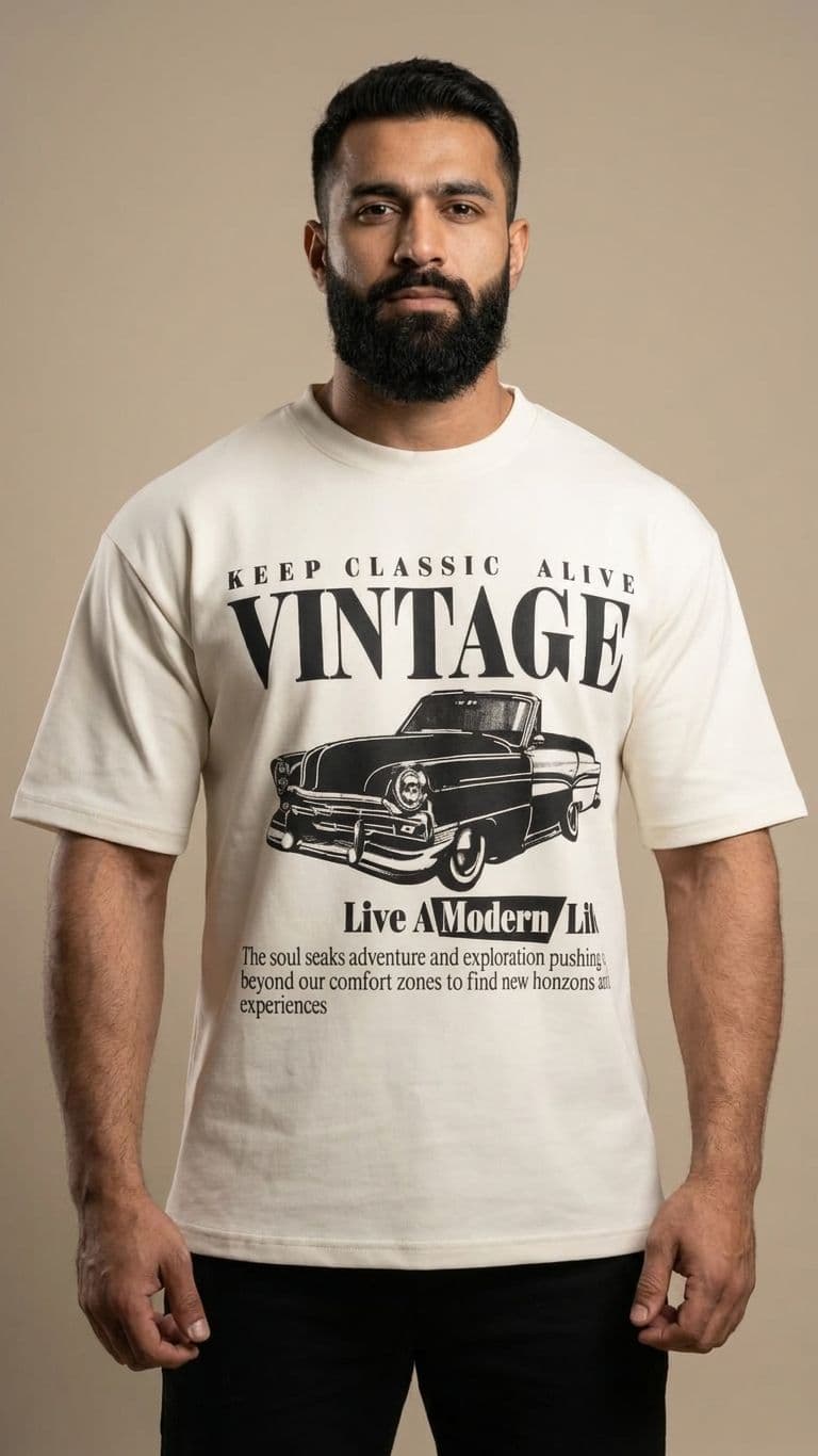 Men's Off-White Drop Shoulder Vintage Car Graphic T-Shirt – Oversized Tee
