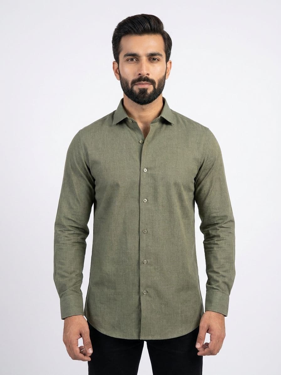 Men's Olive Green Semi Formal Shirt – Premium Long Sleeve Dress Shirt thumbnail 3