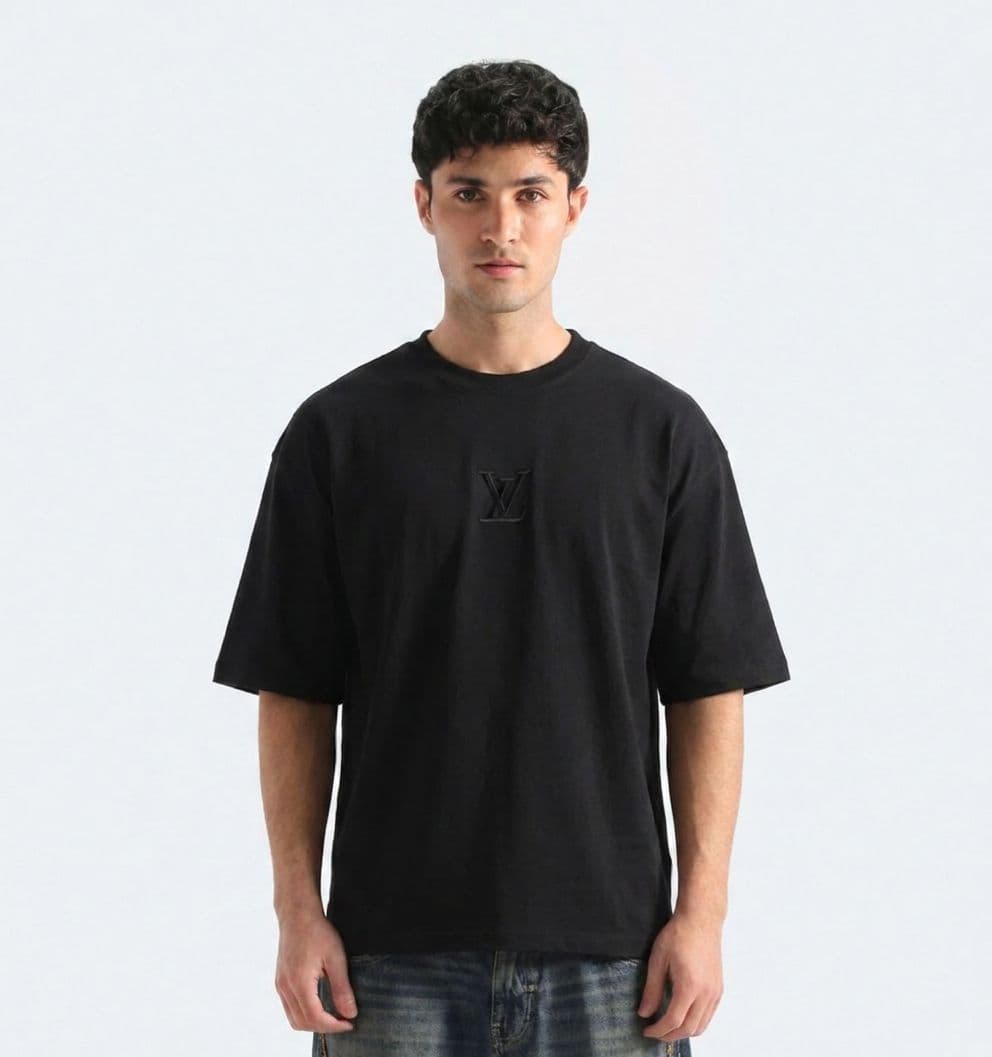 Men's Black Drop Shoulder T-Shirt – 180 GSM Cotton Jersey with Front & Back Embroidery