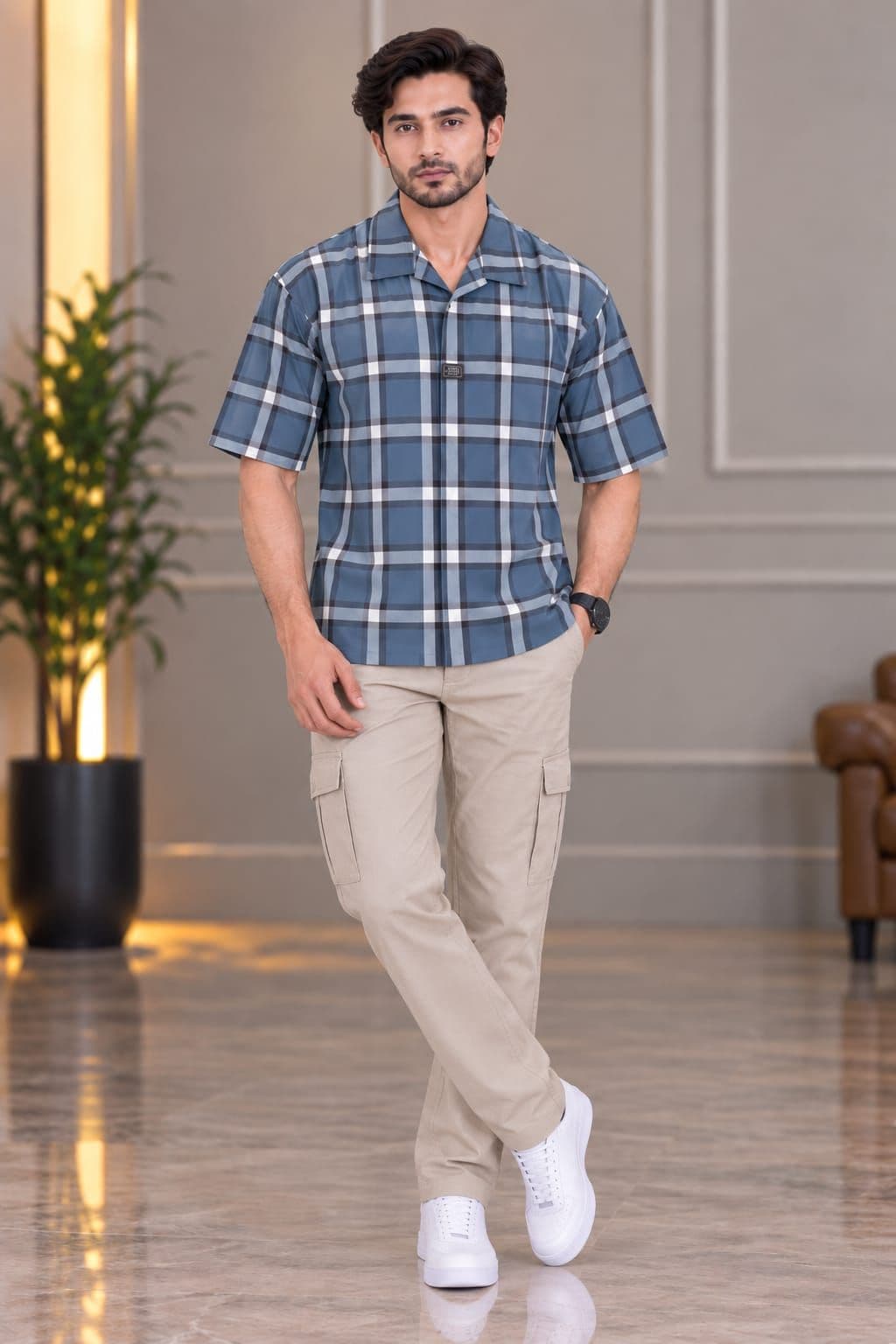 Soft Cotton Boxy Safari Check Shirt-Slate Blue thumbnail 2