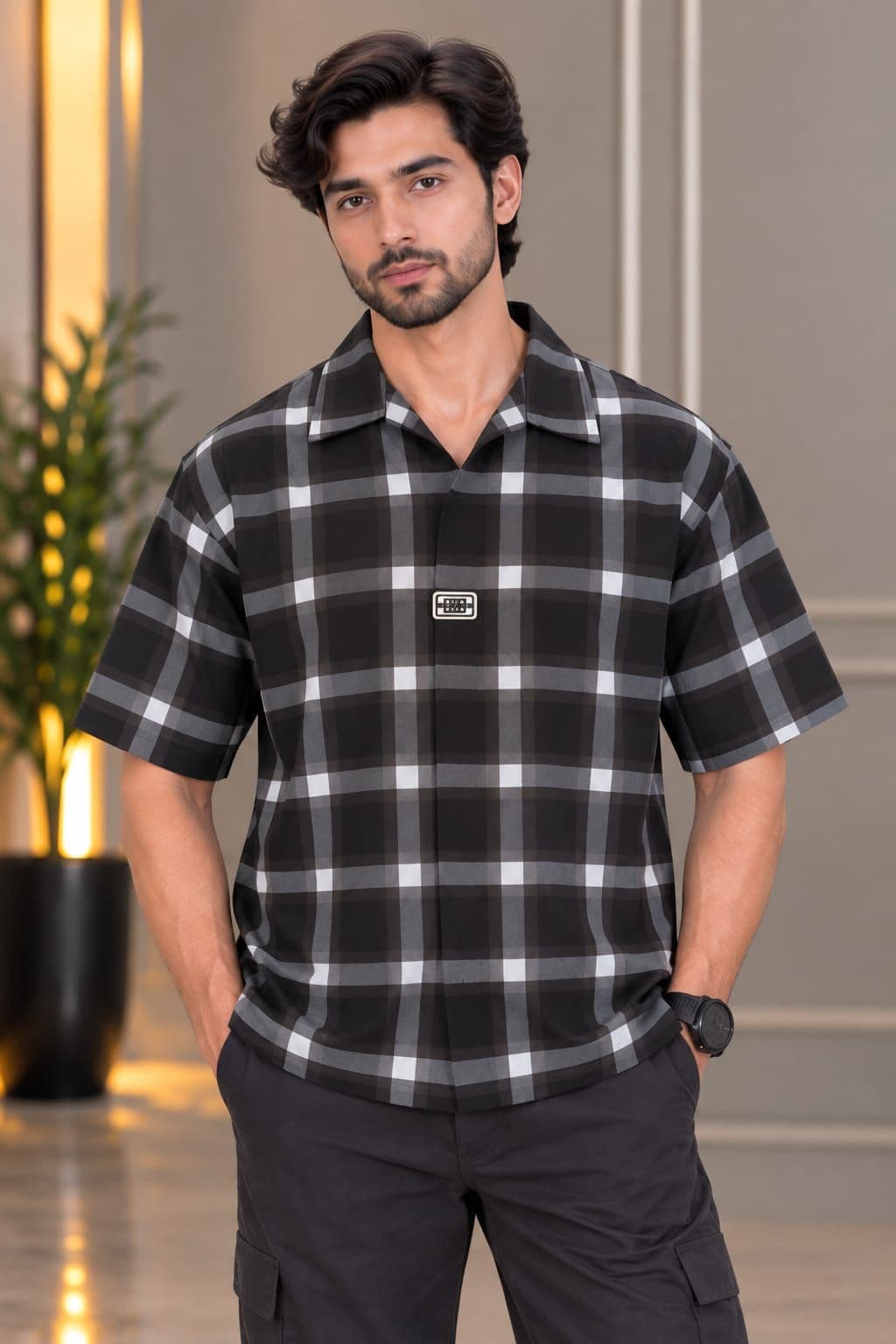 Soft Cotton Boxy Safari Check Shirt-Black