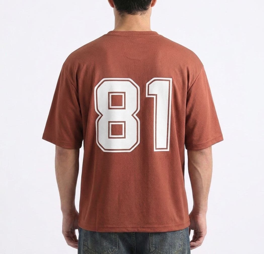 Men's Rust Brown Drop Shoulder T-Shirt – Oversized Breathable Mesh Tee with Chest Print thumbnail 3
