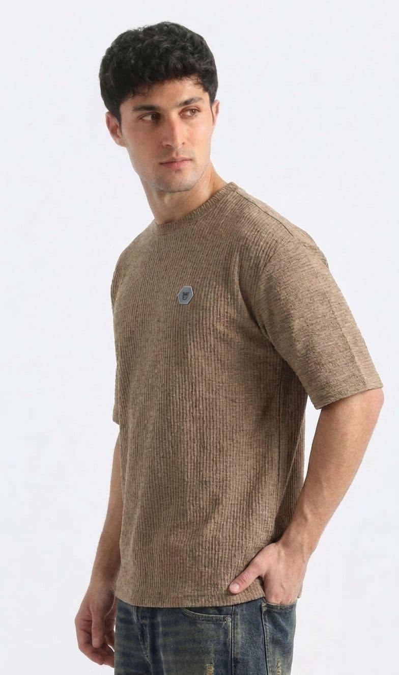 Men's Camel Brown Popcorn Textured Drop Shoulder T-Shirt – Imported Wrinkle-Free Oversized Tee thumbnail 2