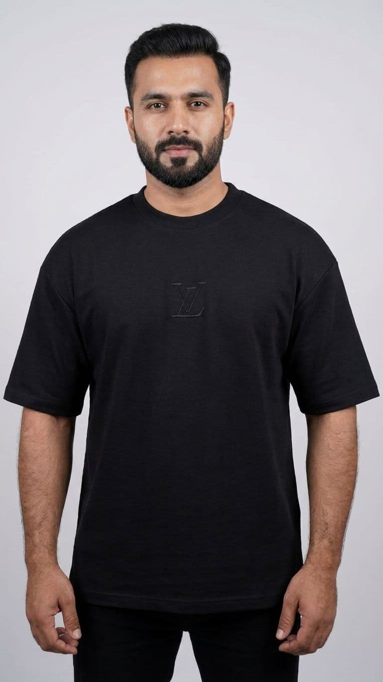 Men's Black Drop Shoulder T-Shirt – 180 GSM Cotton Jersey with Front & Back Embroidery