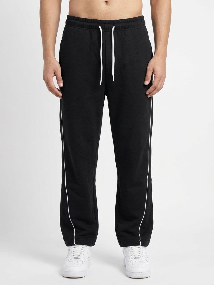 Men's Black Loose Fit Baggy Trousers with Curved Side Piping