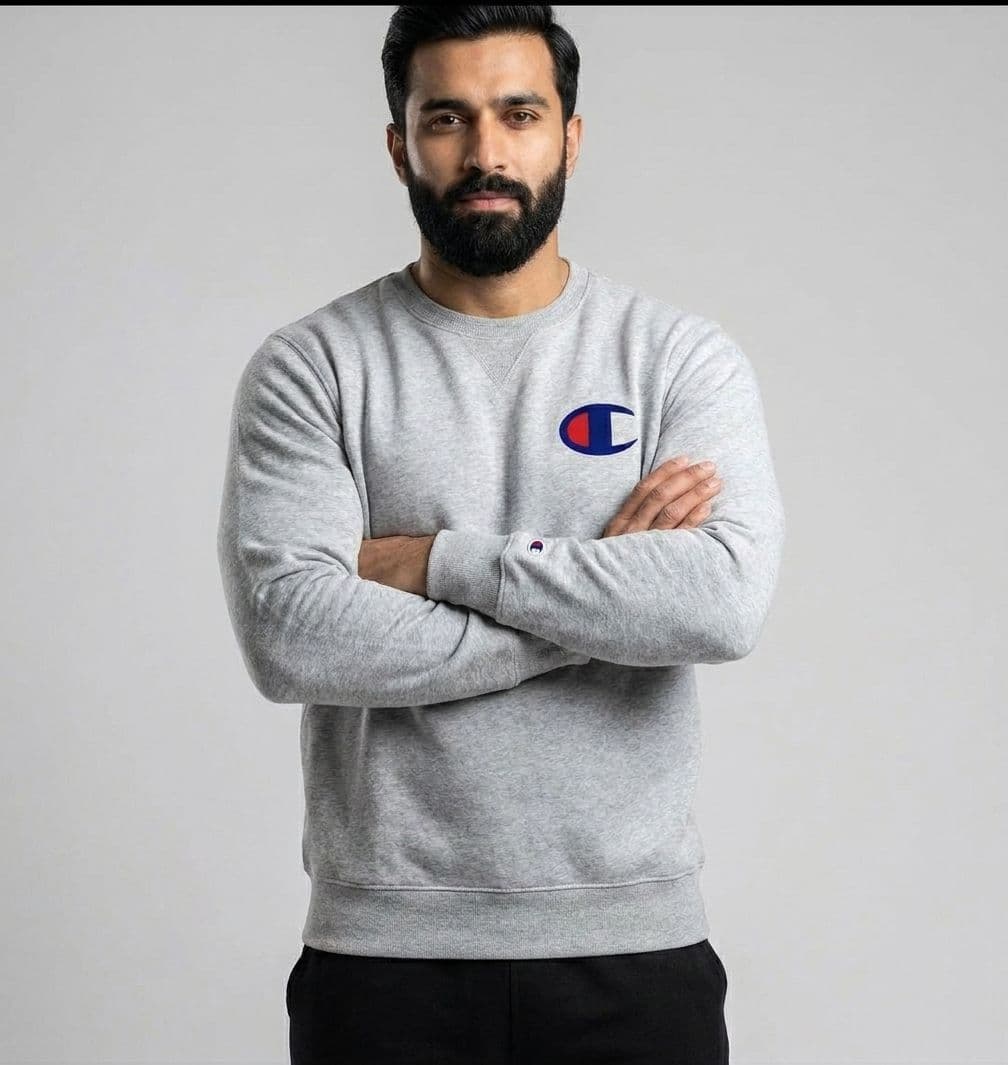 Champion Sweatshirt for Men – 100% Original, Export Quality, Embroidered Design, Grey