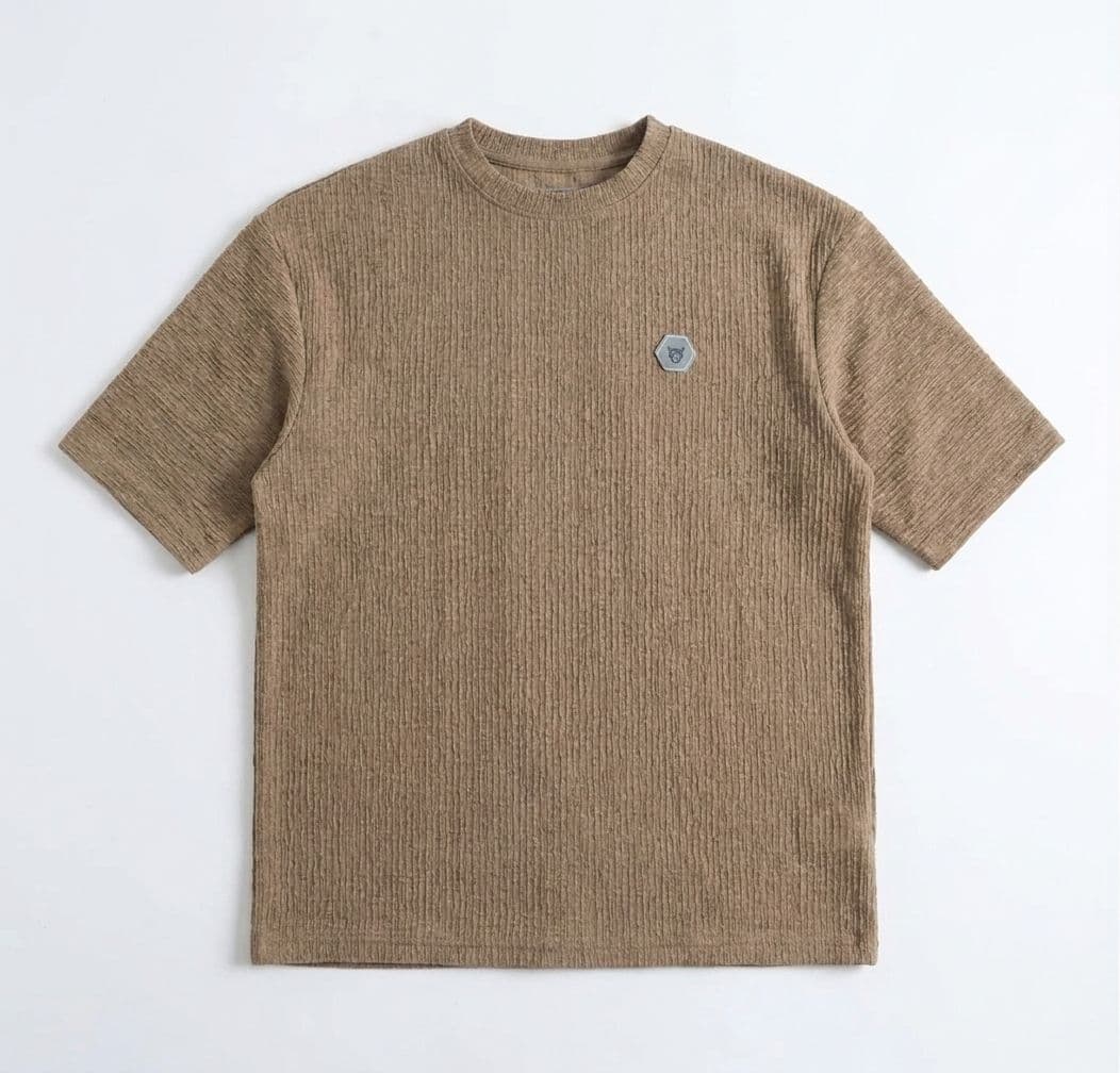 Men's Camel Brown Popcorn Textured Drop Shoulder T-Shirt – Imported Wrinkle-Free Oversized Tee thumbnail 3