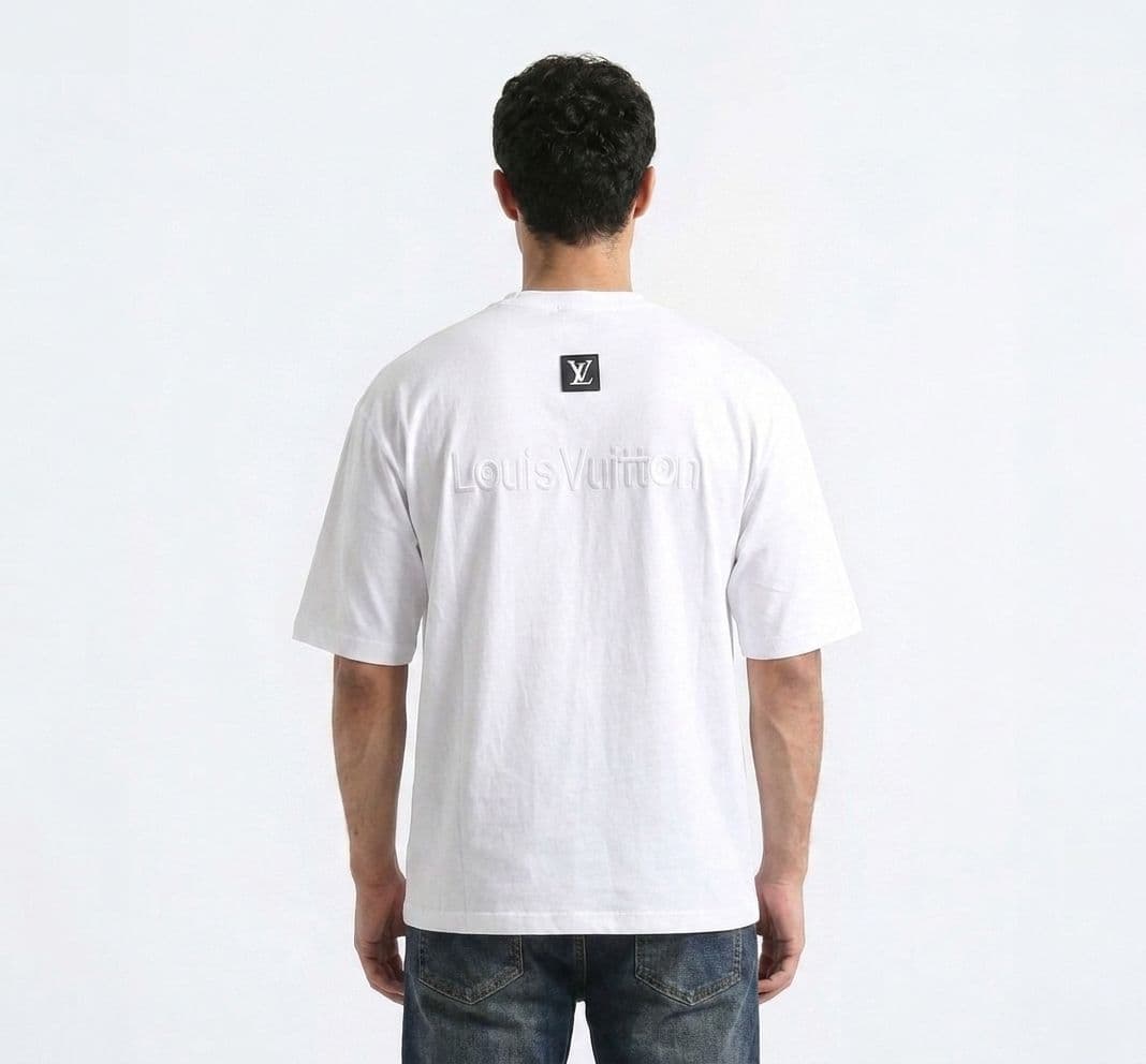 Men's White Drop Shoulder Oversized T-Shirt with Front & Back Embroidery thumbnail 3
