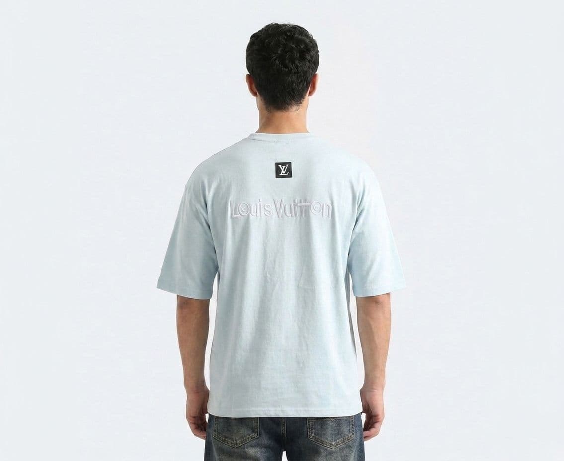 Men's Ice Blue Drop Shoulder Oversized T-Shirt with Front & Back Embroidery thumbnail 3