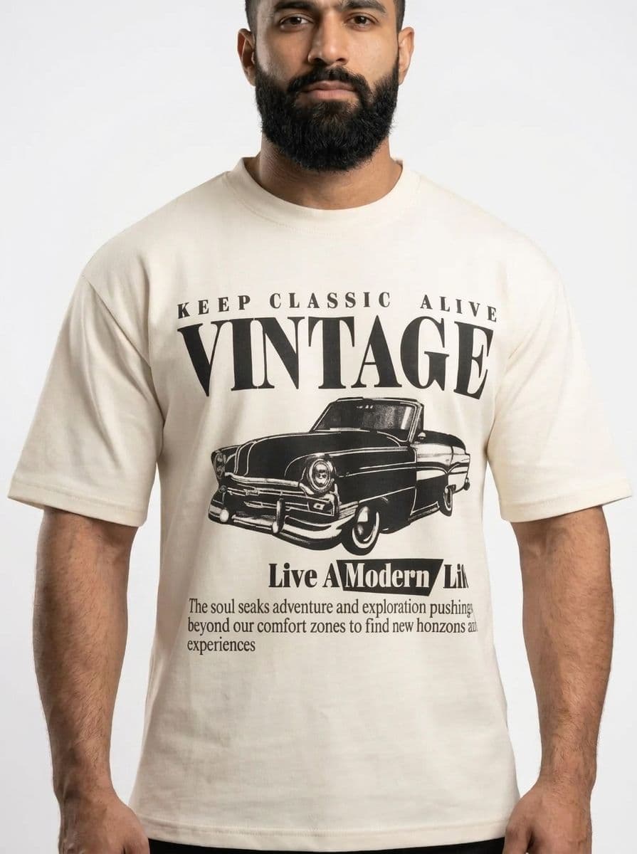 Men's Off-White Drop Shoulder Vintage Car Graphic T-Shirt – Oversized Tee