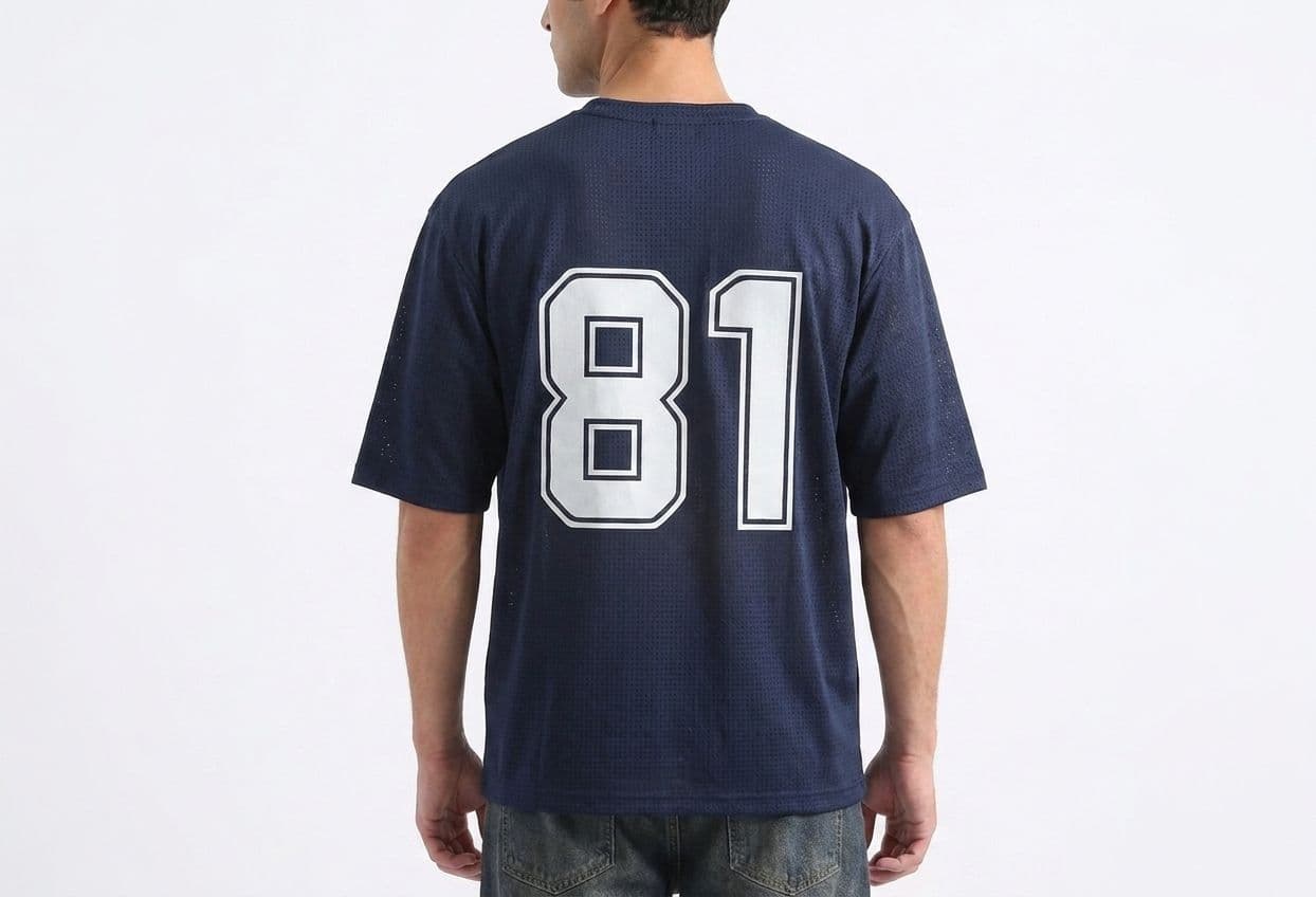 Men's Navy Blue Drop Shoulder T-Shirt – Oversized Breathable Mesh Tee with Chest Print thumbnail 3
