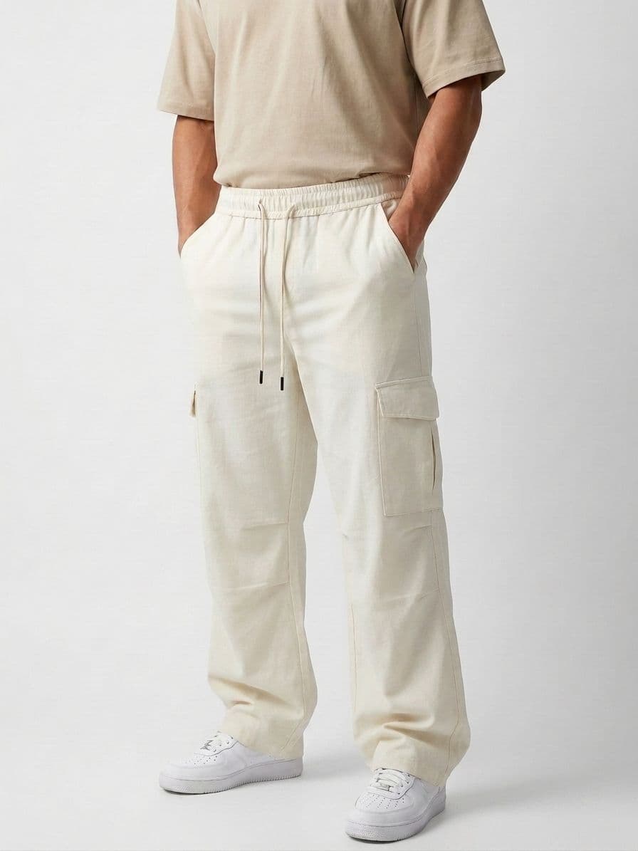 Men's Off-White Loose Fit Cargo Trousers – Lightweight Irish Cotton Linen (6 Pockets)