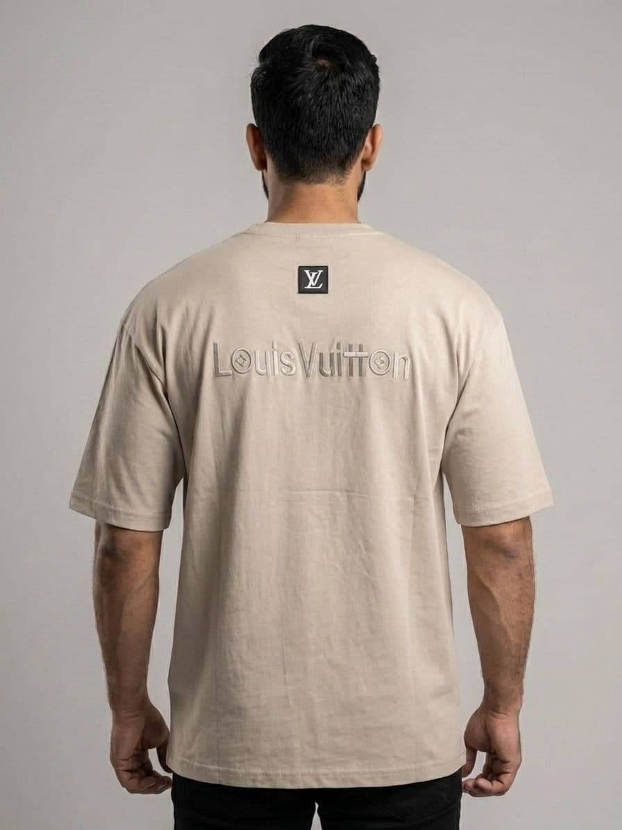 Men's Beige Drop Shoulder Oversized T-Shirt with Front & Back Embroidery thumbnail 3