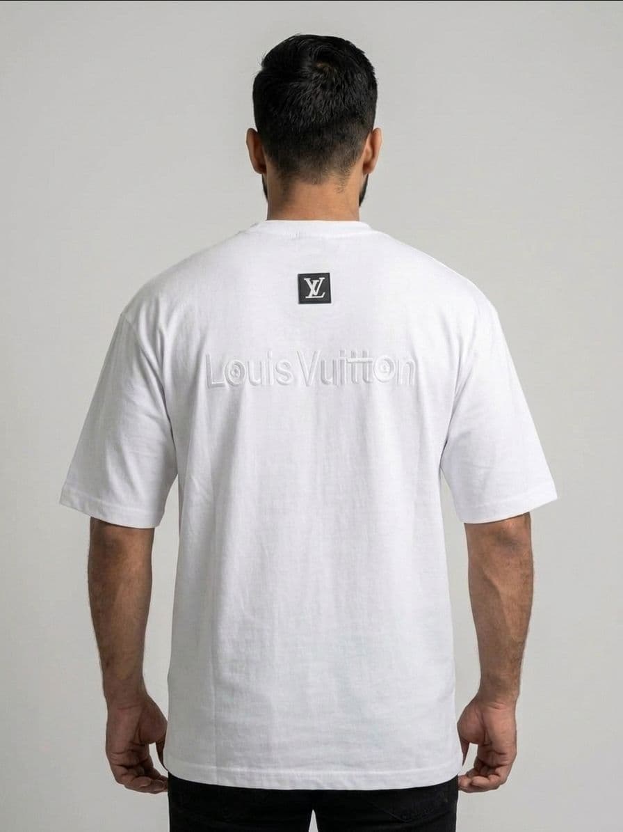 Men's White Drop Shoulder Oversized T-Shirt with Front & Back Embroidery thumbnail 3