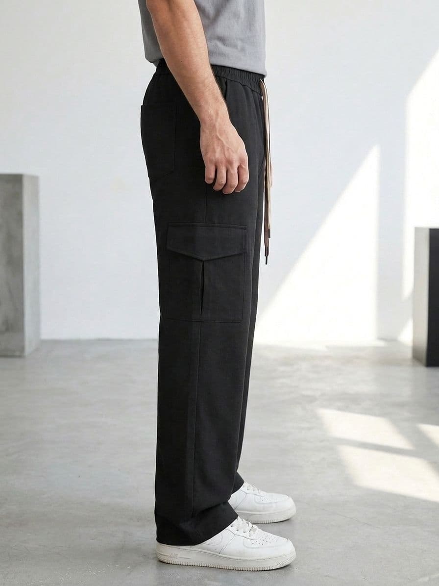 Men's Black Loose Fit Cargo Trousers – Lightweight Irish Cotton Linen (6 Pockets) thumbnail 4