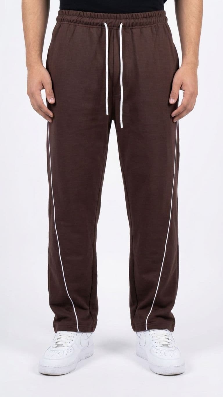 Men's Chocolate Brown Loose Fit Baggy Trousers with Curved Side Piping