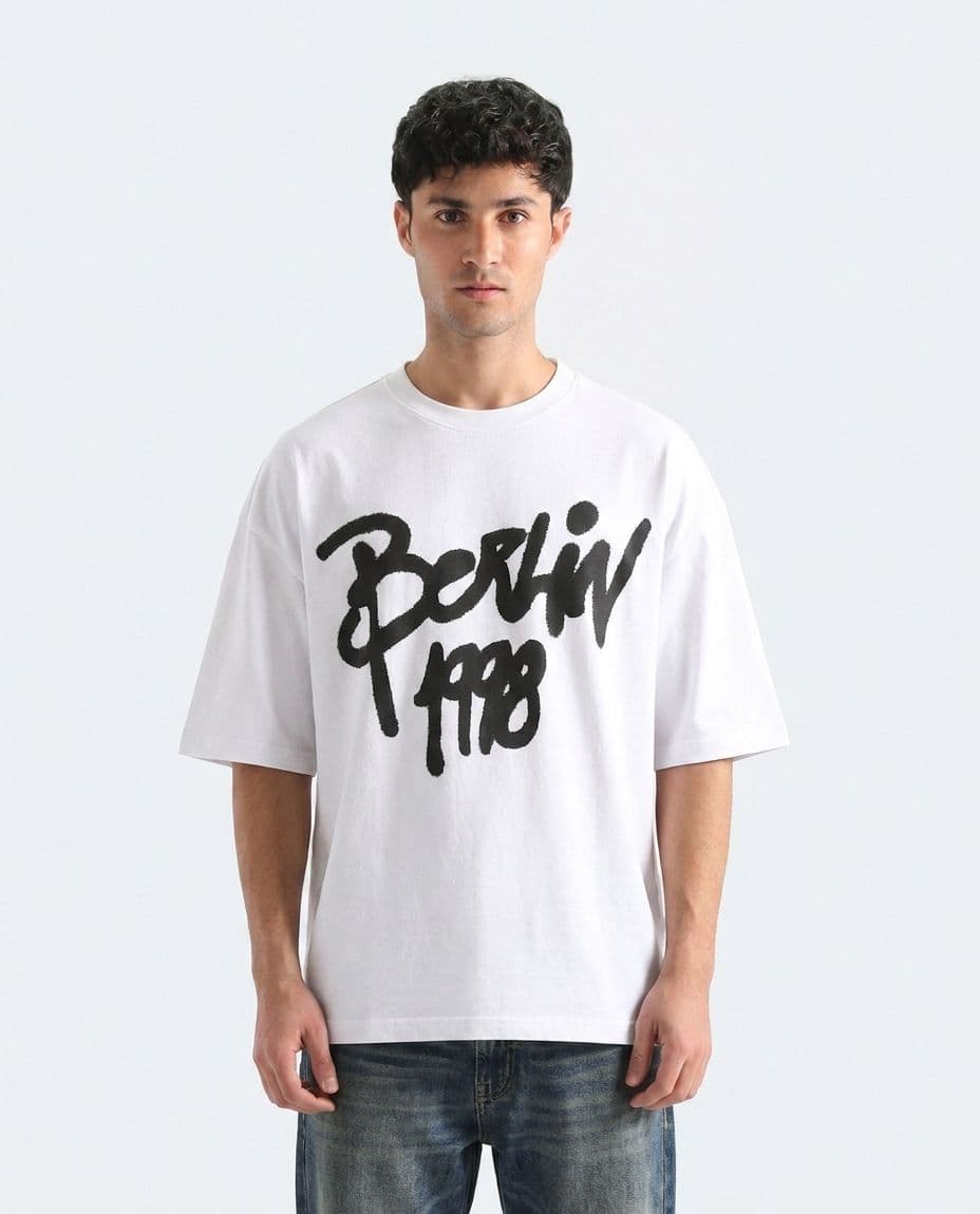 Men's Off-White Drop Shoulder Graphic T-Shirt – Berlin 1998 Oversized Tee