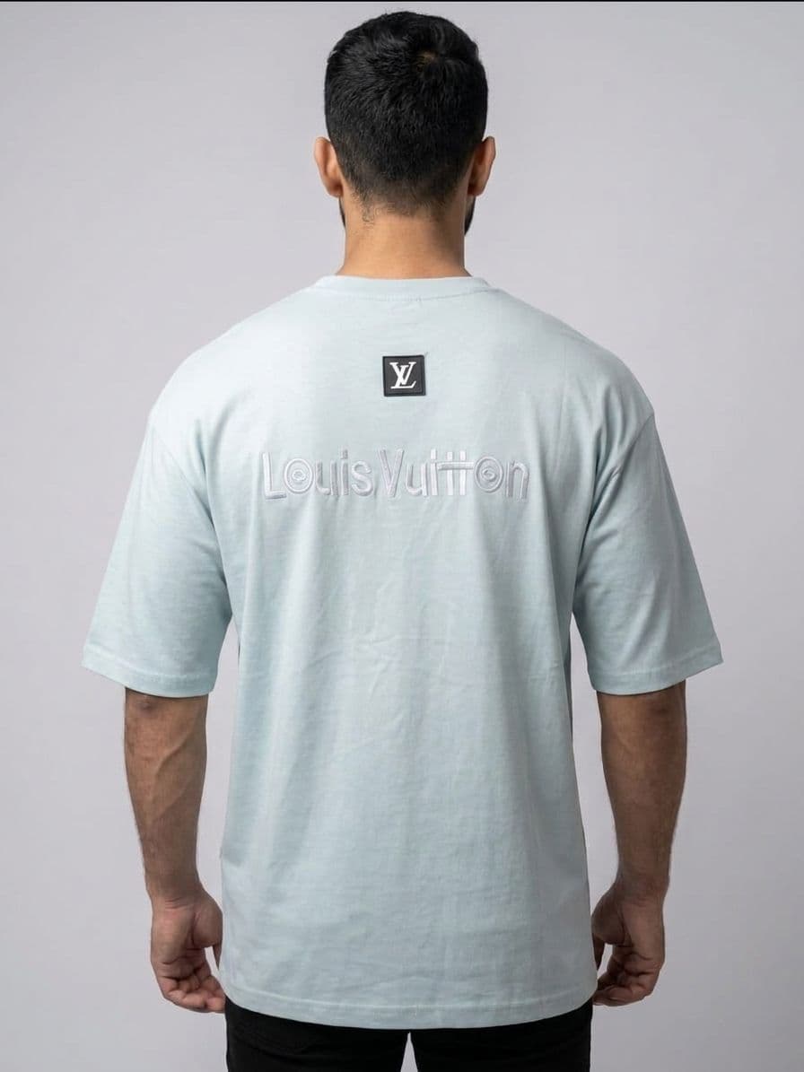 Men's Ice Blue Drop Shoulder Oversized T-Shirt with Front & Back Embroidery thumbnail 3