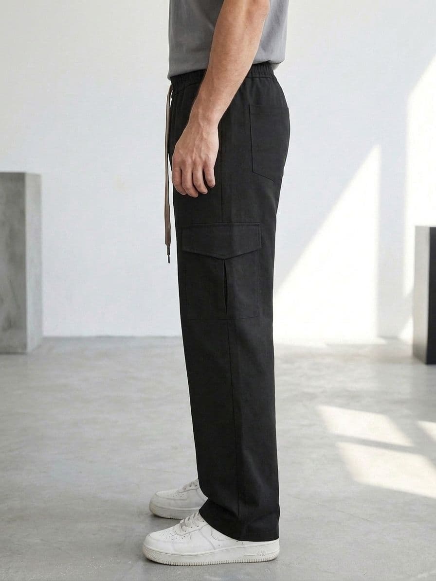 Men's Black Loose Fit Cargo Trousers – Lightweight Irish Cotton Linen (6 Pockets) thumbnail 3