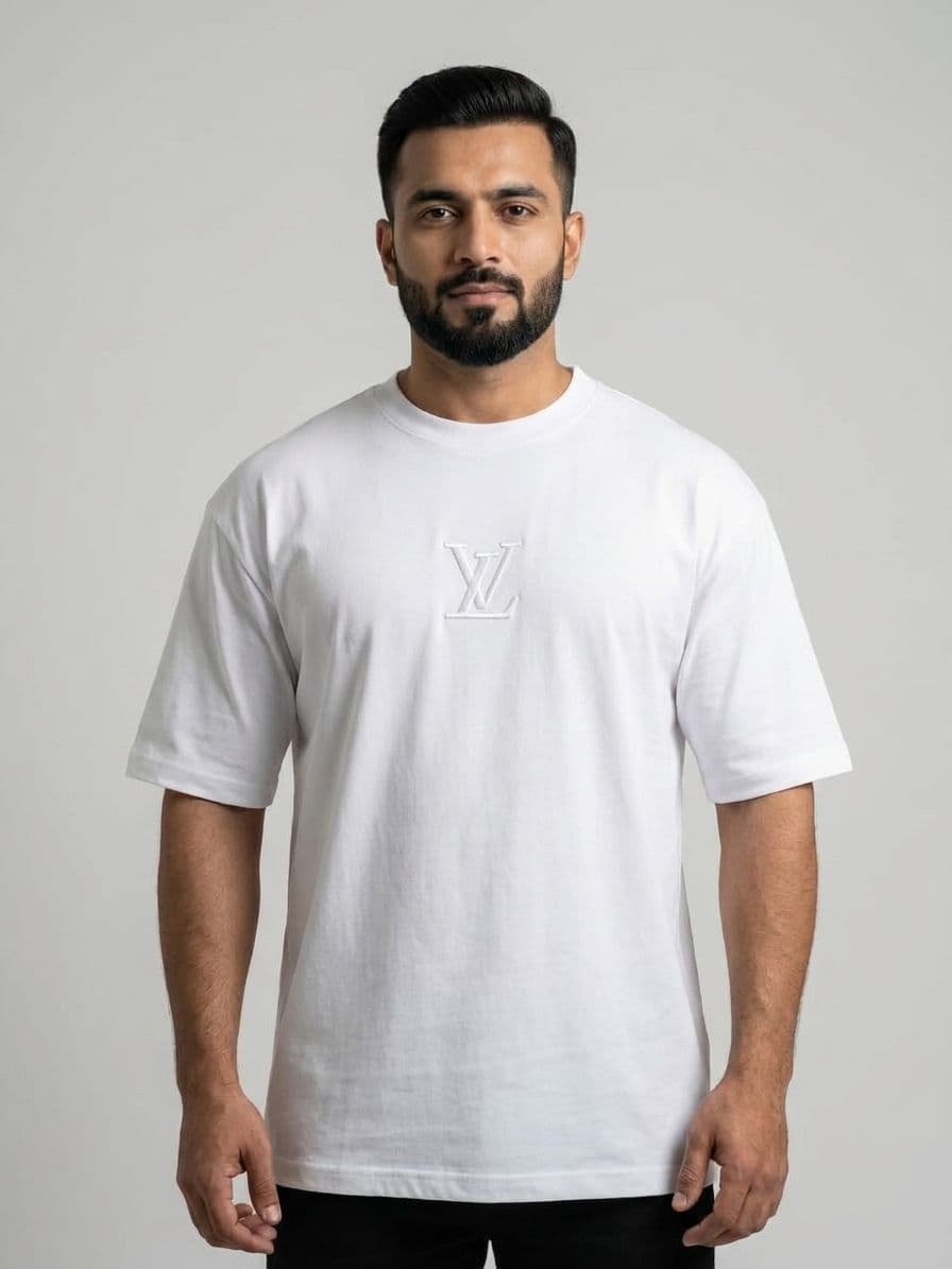 Men's White Drop Shoulder Oversized T-Shirt with Front & Back Embroidery