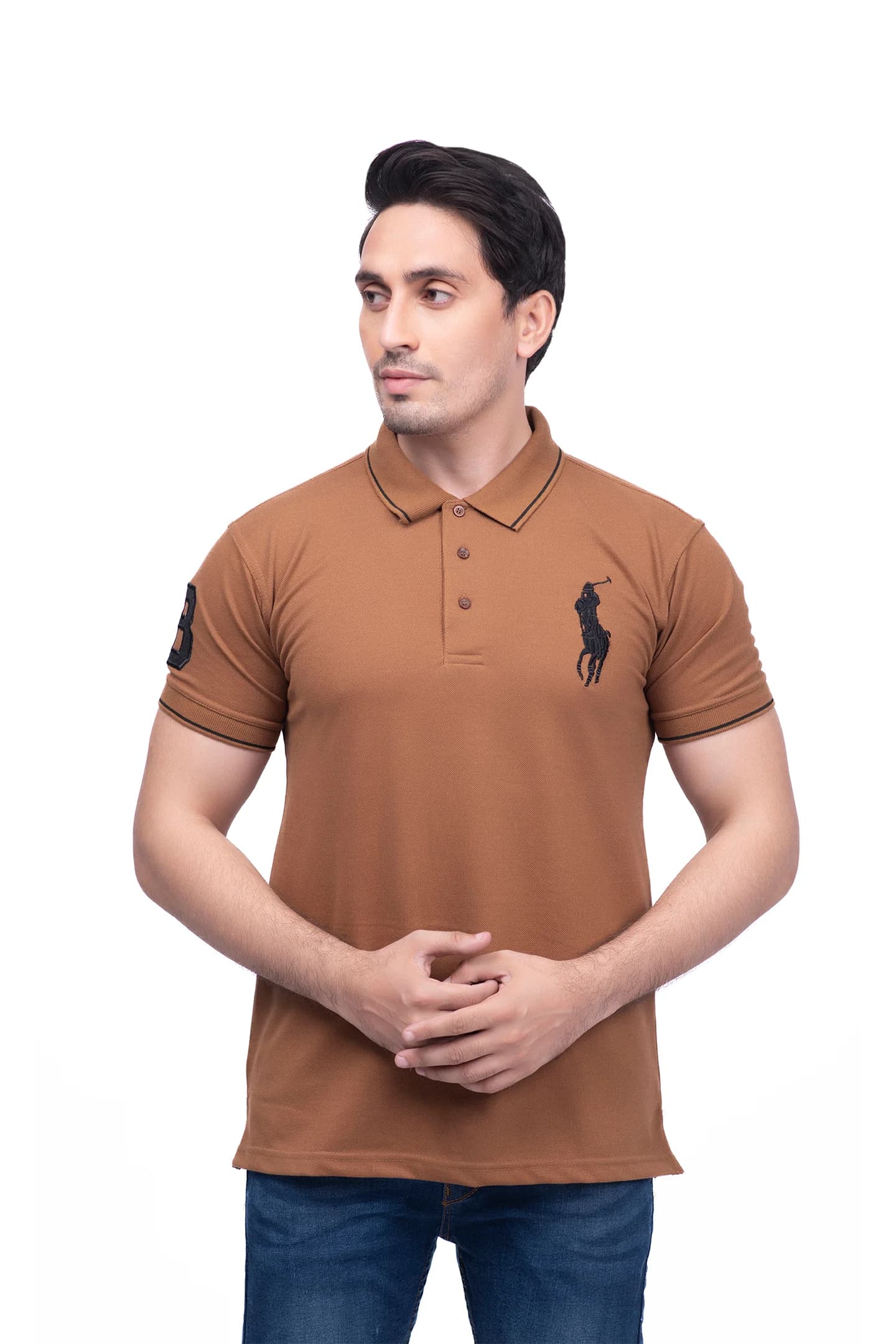 RALPH LAUREN | PRIMIUM QUALITY | MEN’S POLO T SHIRT | TIPPING COLLER & SLEEVES | EMBROIDERED LOGO | BROWN
