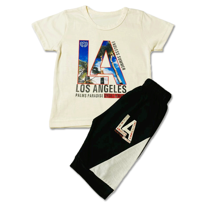 Branded Pair | Imported Quality | Soft Cotton Lycra Jersey | T-Shirt & Shorts Set | Sizes 1 to 5 Years | Off White