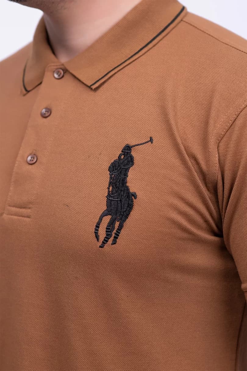 RALPH LAUREN | PRIMIUM QUALITY | MEN’S POLO T SHIRT | TIPPING COLLER & SLEEVES | EMBROIDERED LOGO | BROWN thumbnail 2