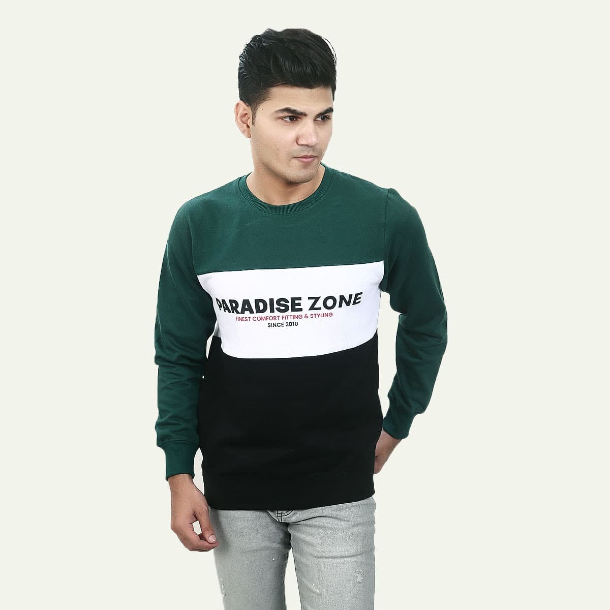 PARADISE ZONE | EXPORT QUALITY BRANDED | SWEATSHIRT | CONTRAST PANEL | GREEN BLACK