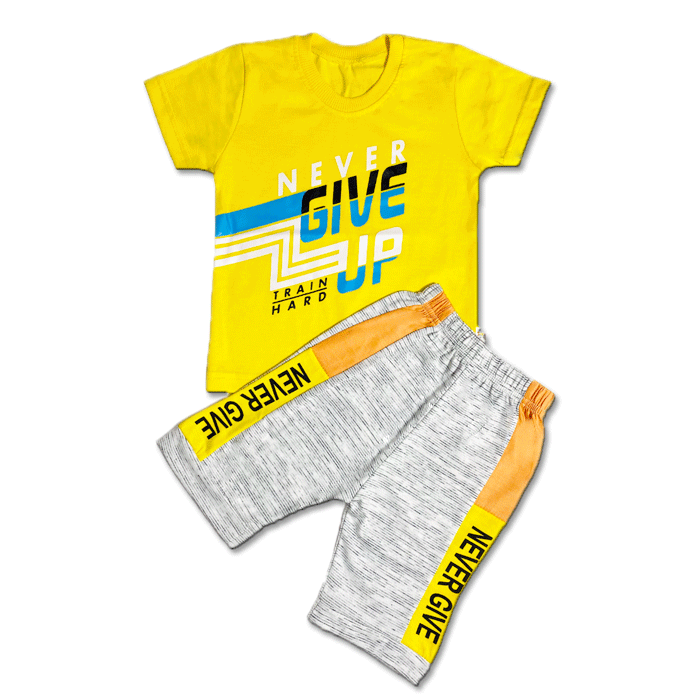 HIGH DENSITY GIVE UP | IMPORTED QUALITY | SOFT COTTON LYCRA JERCEY | T SHIRT & SHORT | PAIR | 1 TO 5 YEARS | YELLOW
