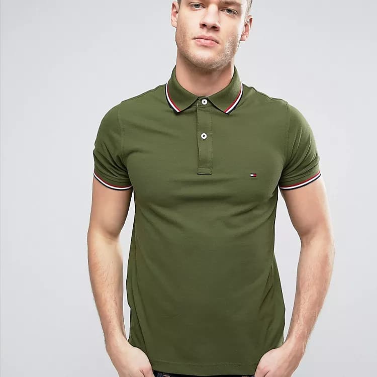 TOMMY HILFIGER | MENS POLO T-SHIRT | TIPPING ON COLLER & SELEEVES | EMBRAIDED LOGO ON CHEST | GREEN