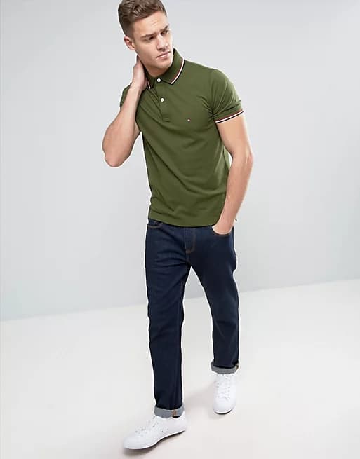 TOMMY HILFIGER | MENS POLO T-SHIRT | TIPPING ON COLLER & SELEEVES | EMBRAIDED LOGO ON CHEST | GREEN thumbnail 2
