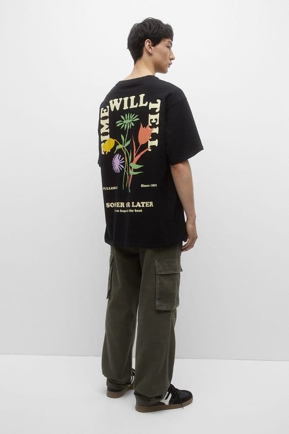 Pull & Bear | 100% Original | Oversized T Shirt | SHORT SELEEVES WITH GRAPHIC PRINT | Black thumbnail 2