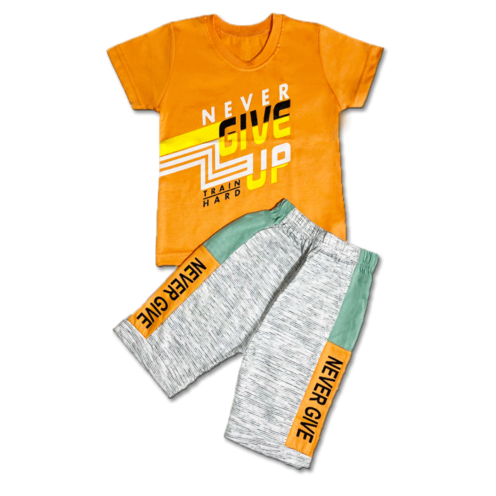 HIGH DENSITY GIVE UP | IMPORTED QUALITY | SOFT COTTON LYCRA JERCEY | T SHIRT & SHORT | PAIR | 1 TO 5 YEARS | ORANGE