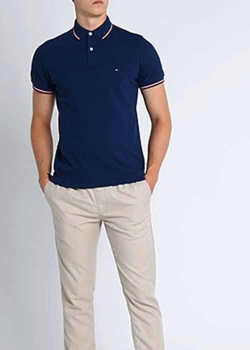TOMMY HILFIGER | MENS POLO T-SHIRT | TIPPING ON COLLER & SELEEVES | EMBRAIDED LOGO ON CHEST | NAVY BLUE
